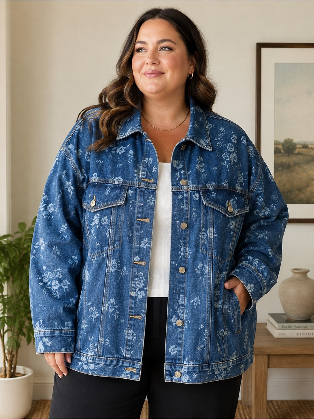 Old Navy Blue Floral Denim Jacket – Button-Front Jean Coat 3X